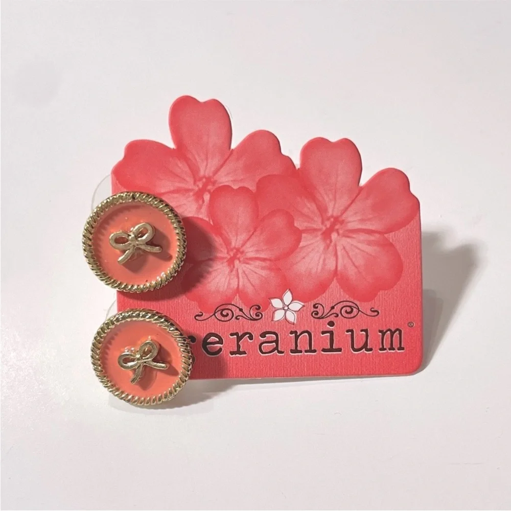 Geranium Coral Pink Enamel and Goldtone Circle Bow Earrings